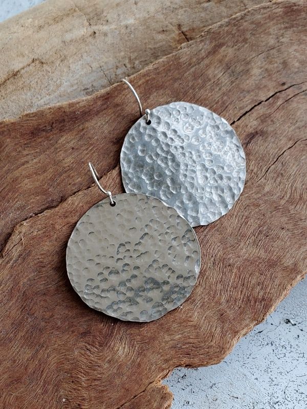 large silver disc hammered earrrings
